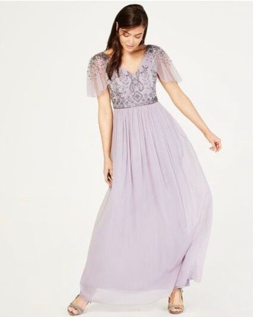 Adrianna Papell Beaded Flutter Sleeve Gown Size 10